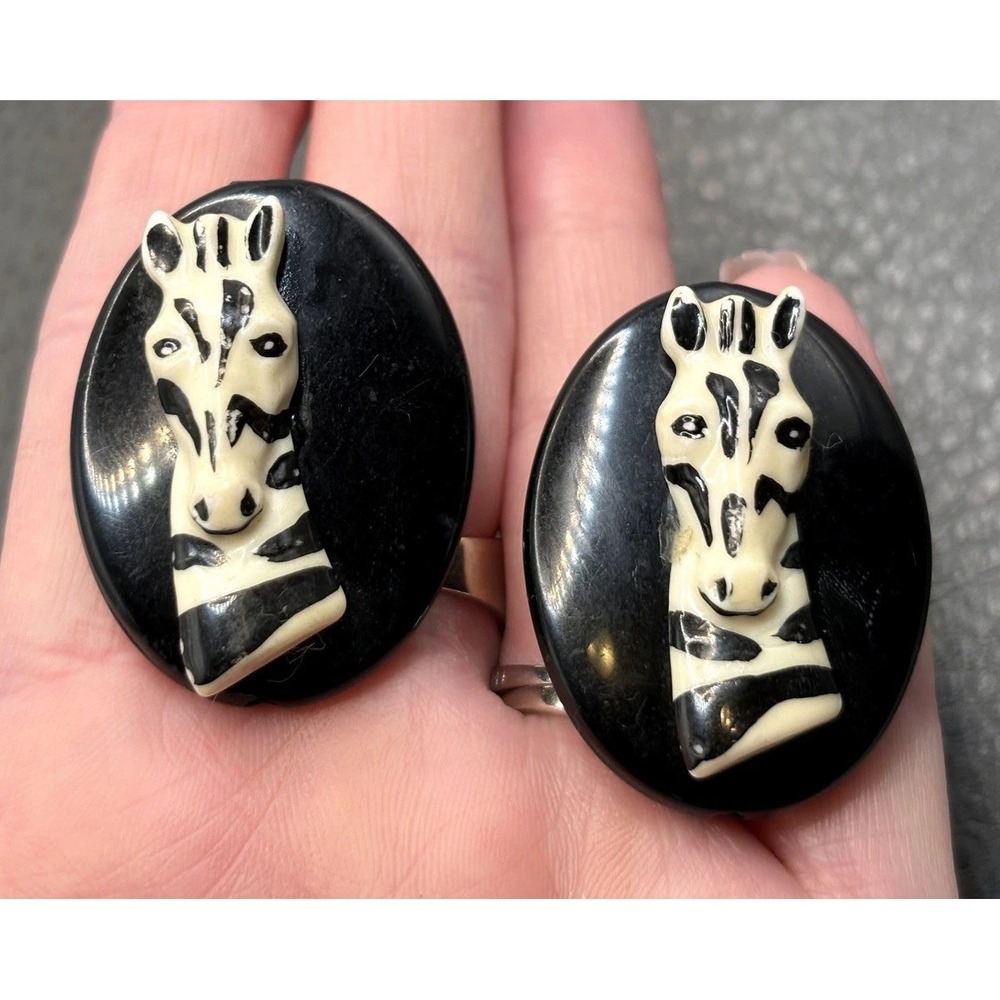 Vintage 80s Zebra Head Earrings Black Lucite Resin Carved Oval Runway Clip On